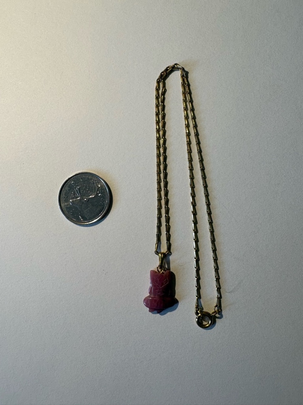 Gold Chain Necklace with Pink Carved Stone Owl Pendant